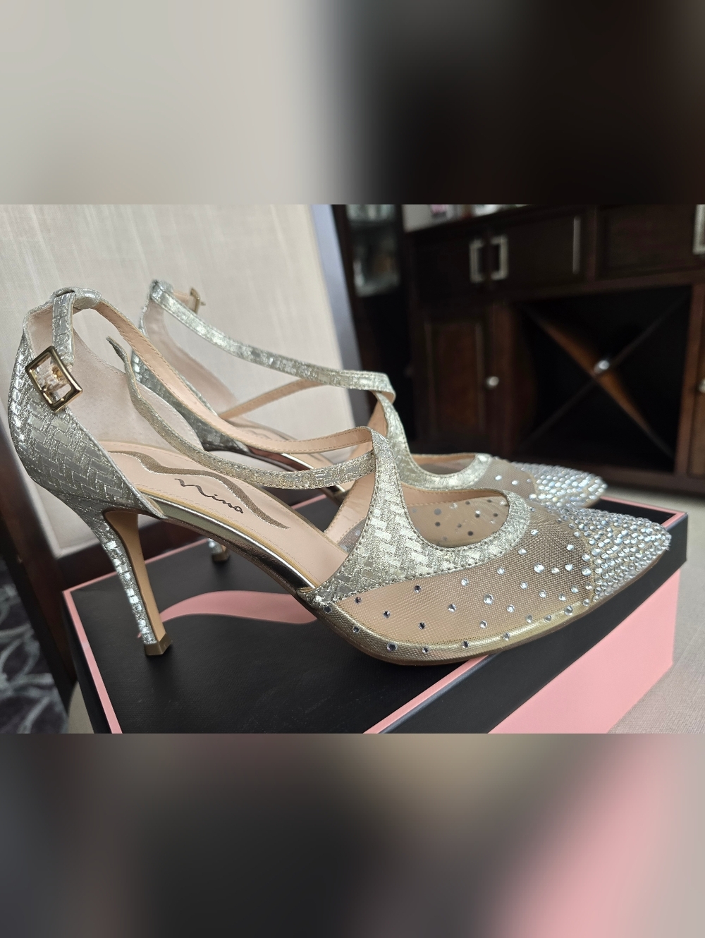 Nina Gold Embellished Mesh Evening Heels